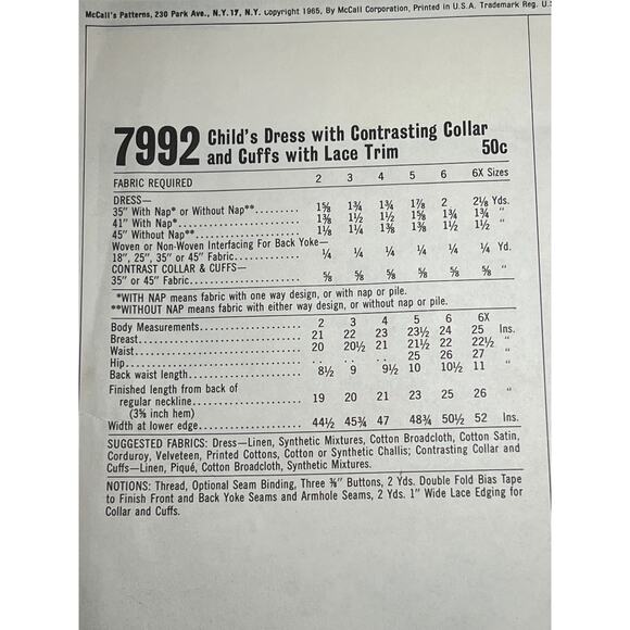 McCalls 7992 Sewing pattern girls dress A line lace collar cuffs 1960s Size 6 - Picture 4 of 7